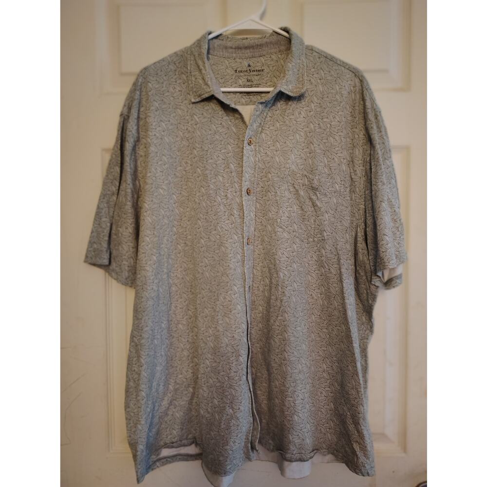 Tailor Vintage XXL Gray Leaf Print Short Sleeve Button Front Shirt Stretch